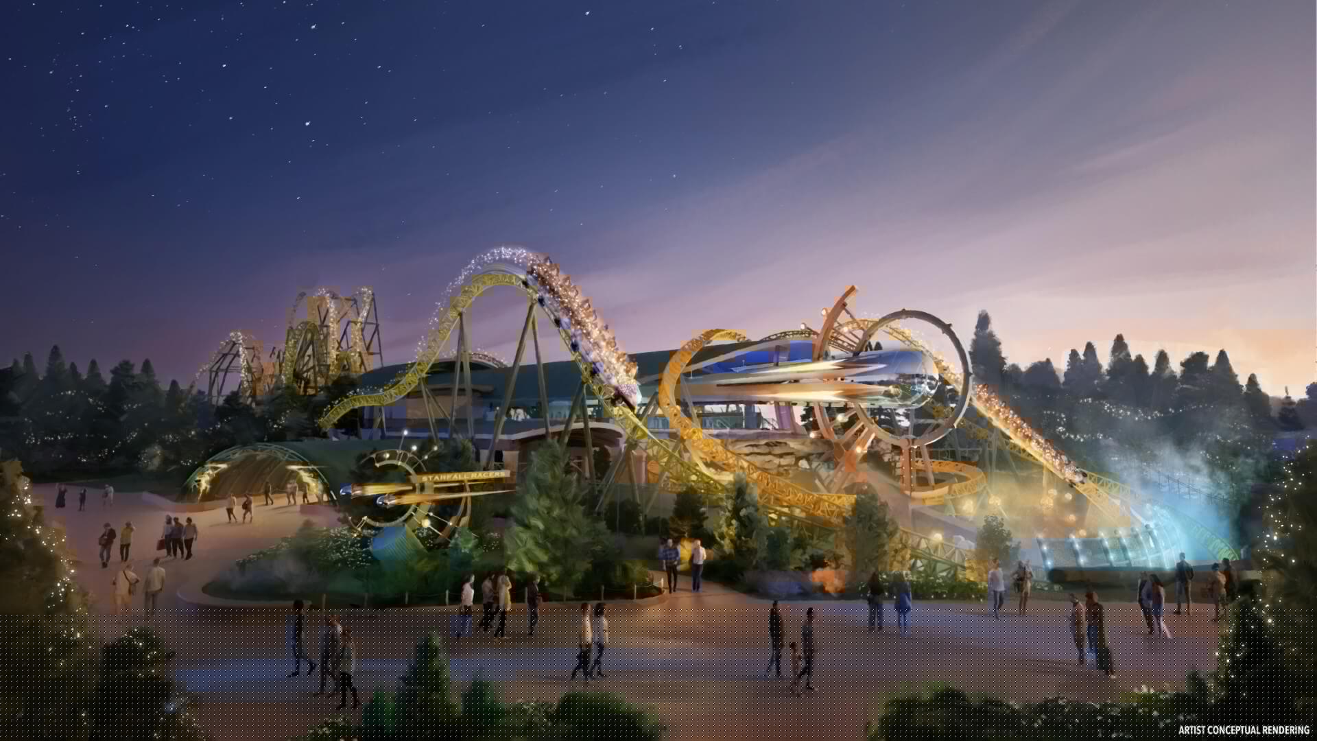 Epic Universe Overview Celestial Park Attractions Starfall Racers Stardust Racers lit up at night in an artist's rendering of the new attraction entrance.