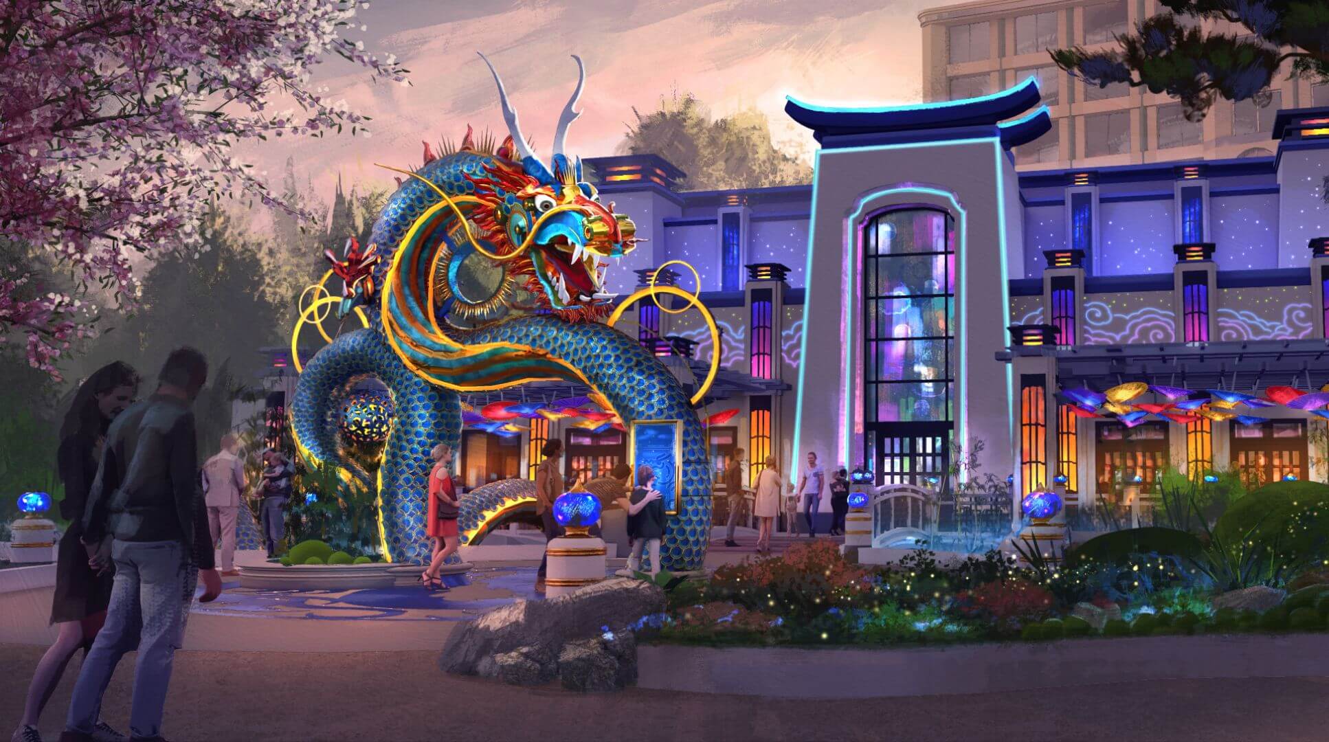 Epic Universe Overview Celestial Park Restaurants Blue Dragon Pan Asian Blue Dragon pan asian restaurant lit up at dusk in an artist impression.