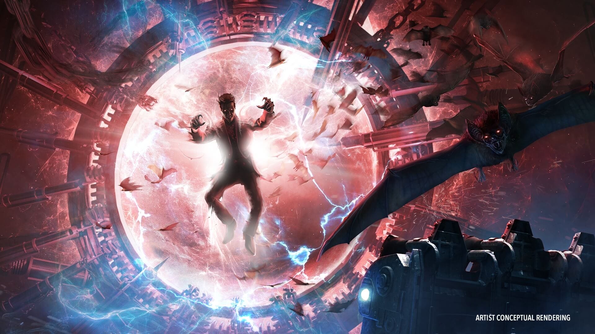 Artist's impression of Dracula falling into plasma in a new scene from Monsters Unchained The Frankenstein Experiment