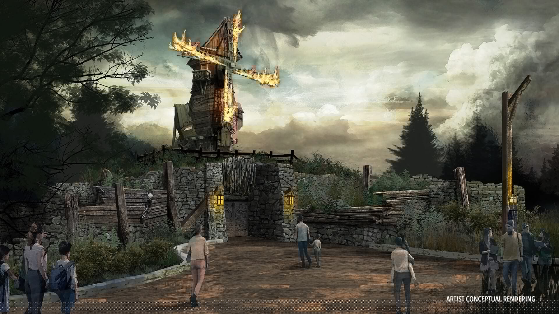 Epic Universe Overview Dark Universe Restaurants Burning Blade Tavern Artist's impression of the Burning Blade Tavern with exteror windmill blades on fire in Dark Universe at Epic Universe