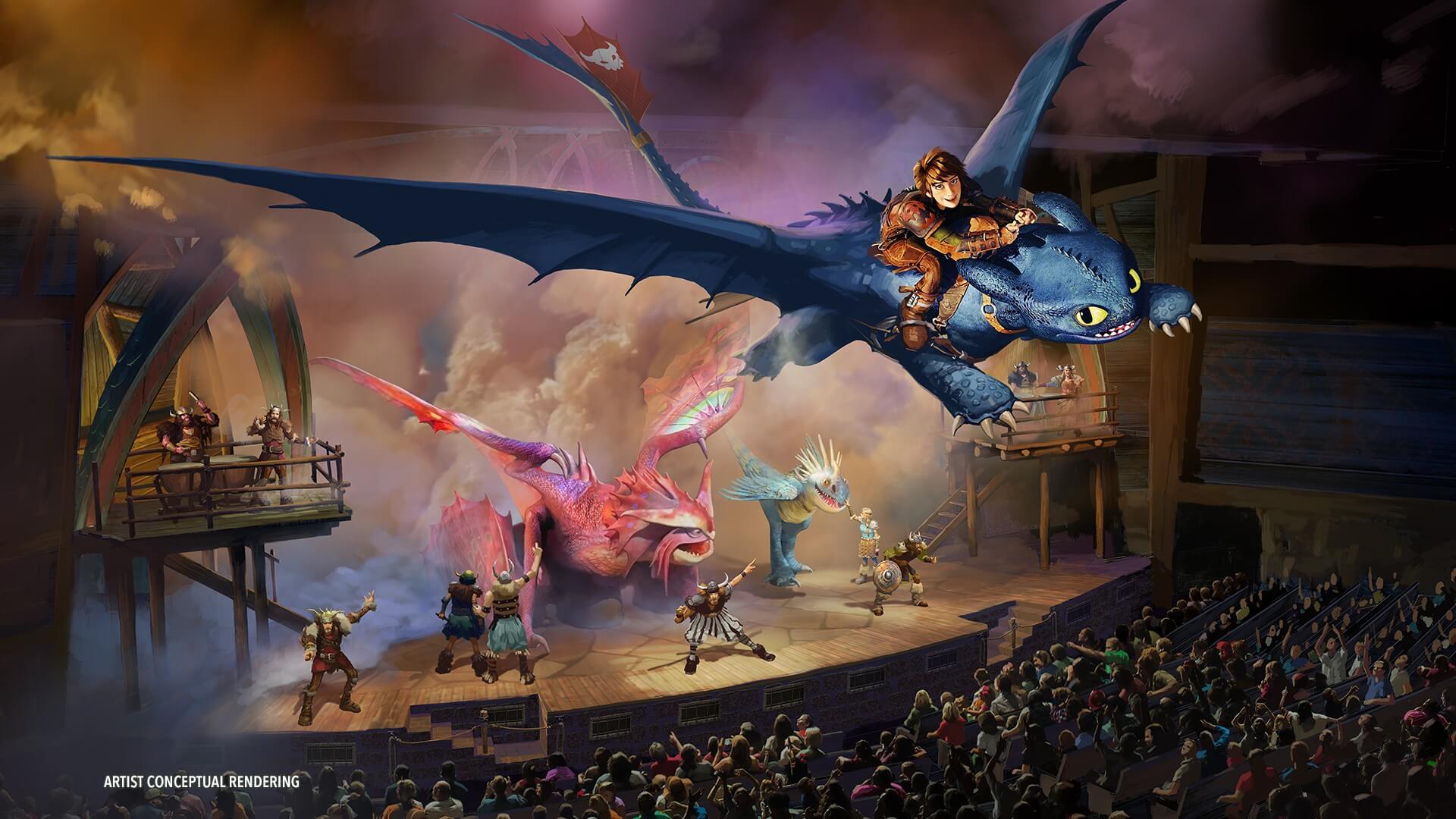 Epic Universe Overview Isle Of Berk Attractions The Untrainable Dragon Hiccup riding Toothless in an artist's impression of the the Untrainable Dragon show.