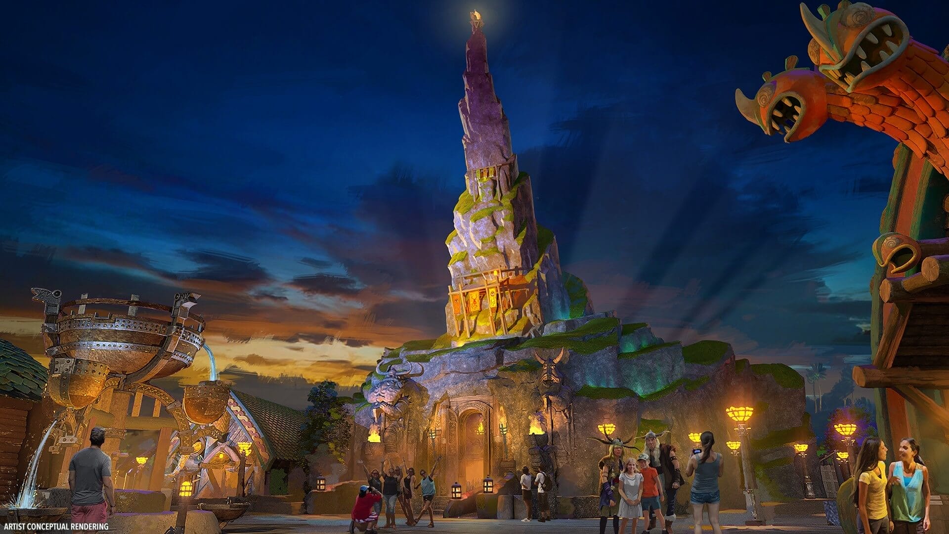 Epic Universe Overview Isle Of Berk Restaurants Mead Hall Mead Hall lit up at night artist's impression.