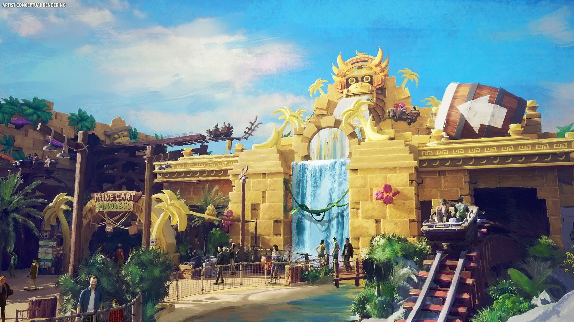 Epic Universe Overview Super Nintendo Attractions Mine Cart Madness Mine Cart Madness coaster car cruising the tracks in the new Donkey Kong Country section artist impression