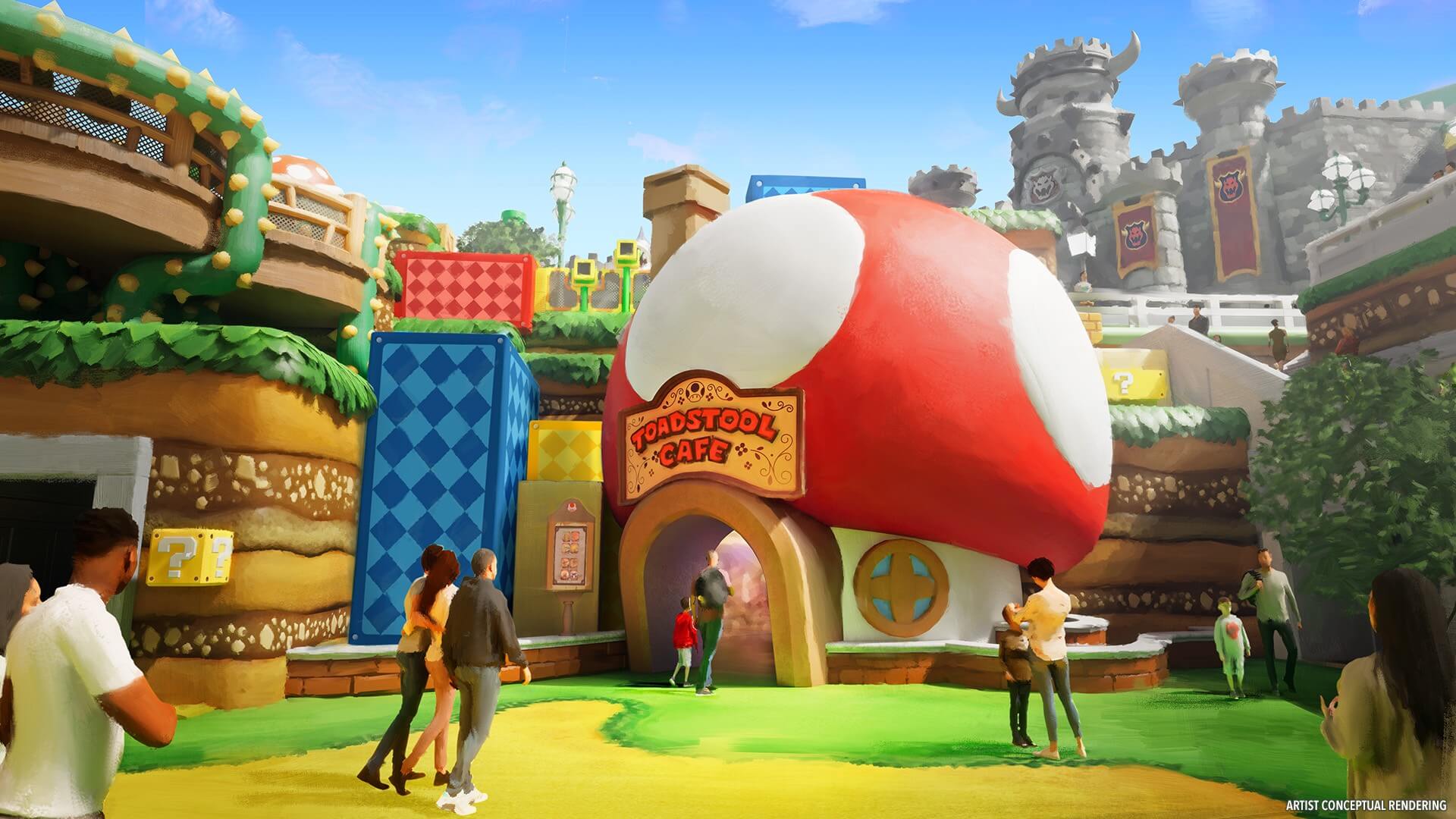Epic Universe Overview Super Nintendo Land Restaurants Toadstool Cafe Artist impression of the the Toadstool Cafe entrance inSuper Nintendo Land at Epic Universe