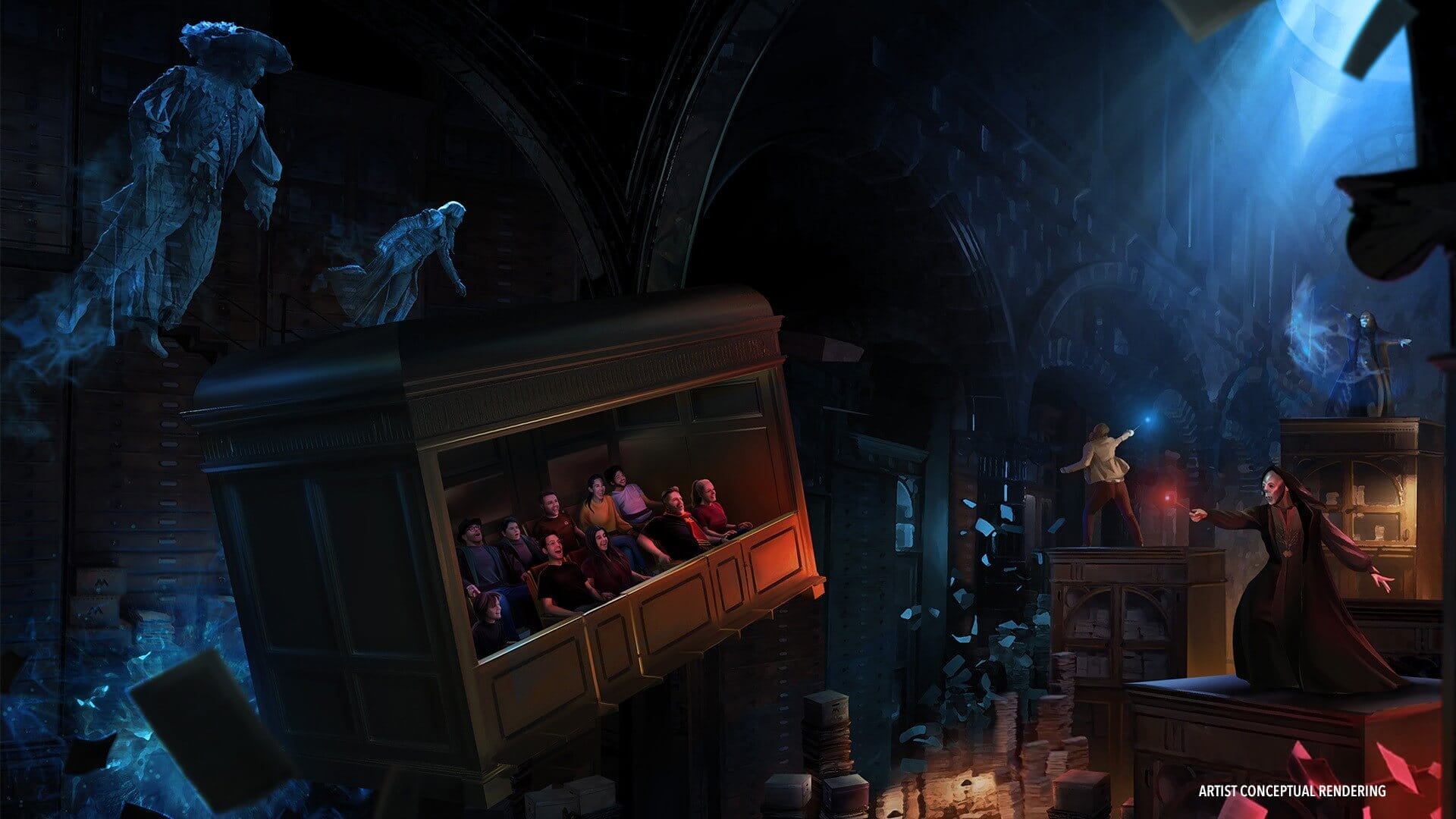 A ride car in Harry Potter and the Battle at the Ministry being targeted by dementors in an artist's impression of one of the new attractions key scenes