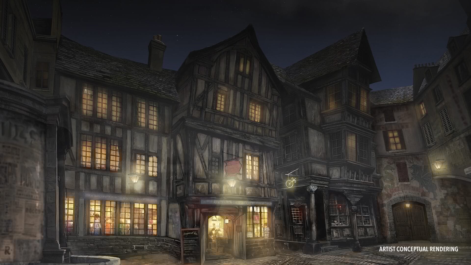 Epic Universe Overview Wizarding World Battle at the Ministry Restaurants Le Gobelet Noir Artist impression of Le Gobelet Noir quick service restaurant exterior lit up at night in Harry Potter Battle At The Ministry, a new land and attraction opening at Epic Universe