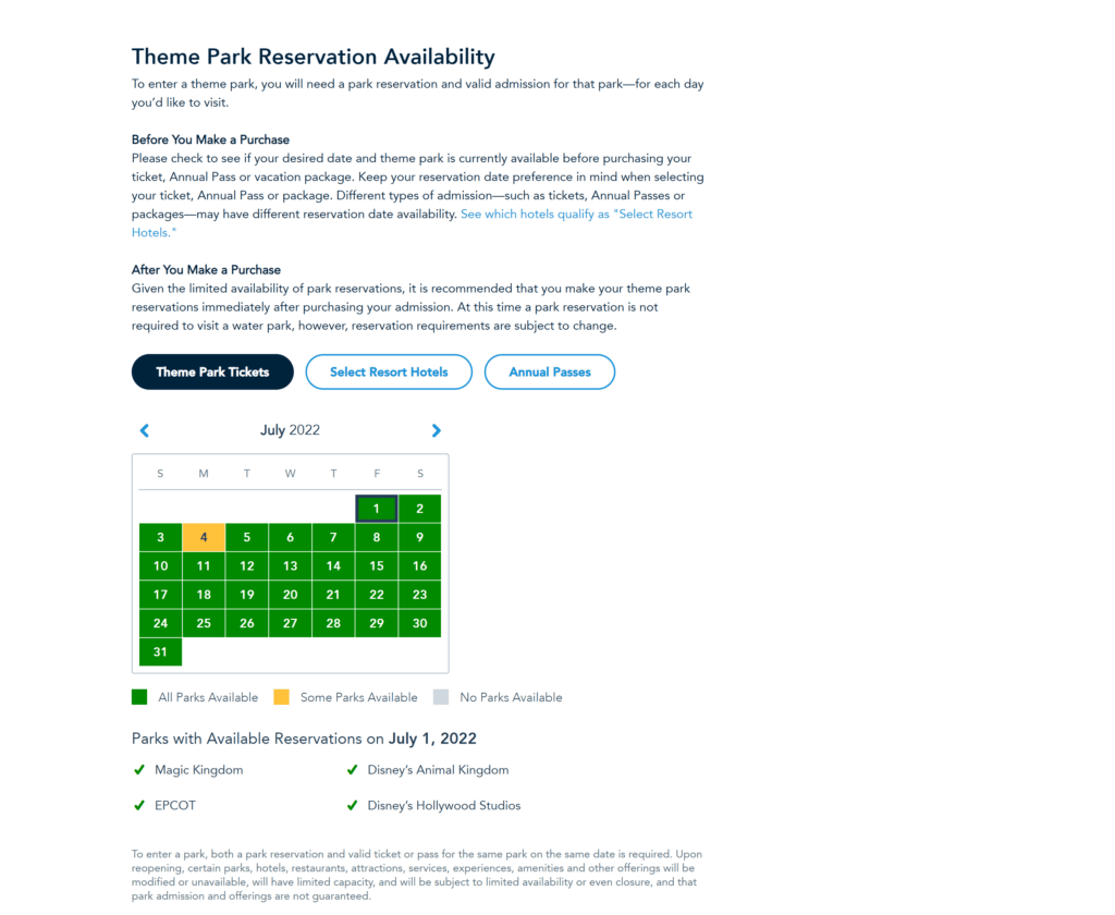 Screenshot of Disney Park Pass Reservations Mid June showing sold out days