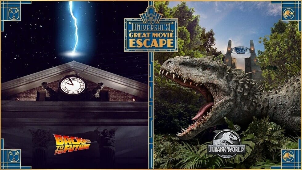 Promotional image for Jurassic World and Back To The Future escape rooms at Universal Citywalk