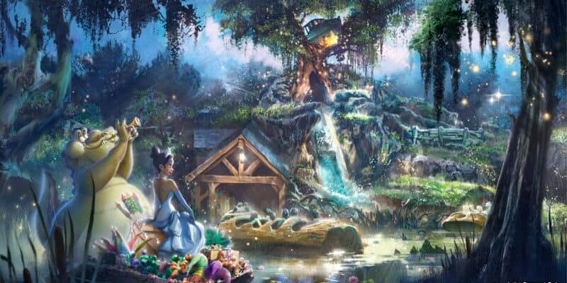 New artist rendering of the final drop of Splash Mountain after it gets it retheme to Tiana's Bayou Adventure