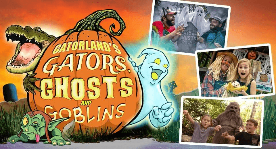 Gators, Ghosts And Goblins logo with some promotion shots of families enjoying themselves.