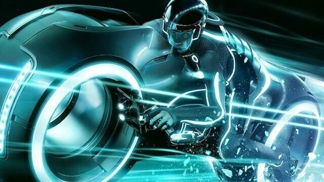 TRON Lightcycle Rum promotional image featuring ride car