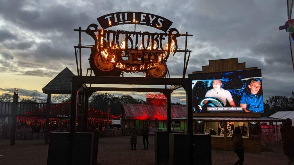 Shocktober Fest entrance plaza at dusk