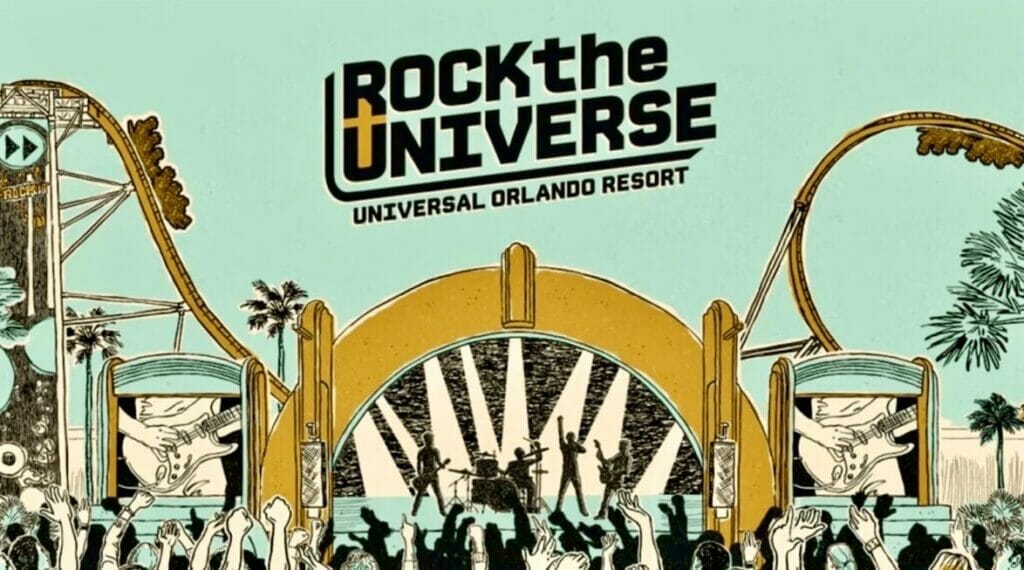 Rock The Universe promotional image featuring a stage in front of Hollywood Rip, Ride Rockit roller coaster