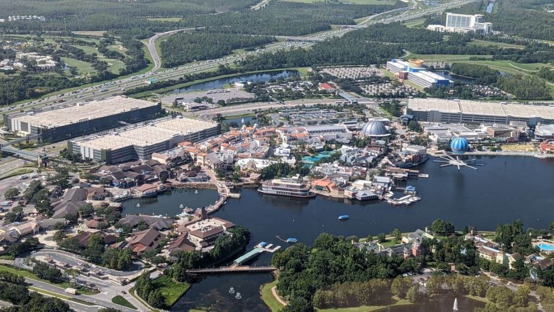 Looking down over Disney Springs from a helicopter
