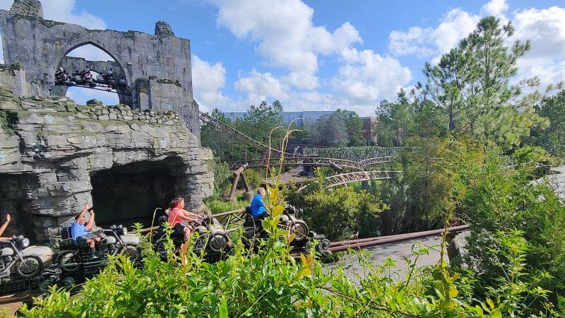 Riders enjoying the first launch on Hagrid's Magical Creatures Motorbike Adventure