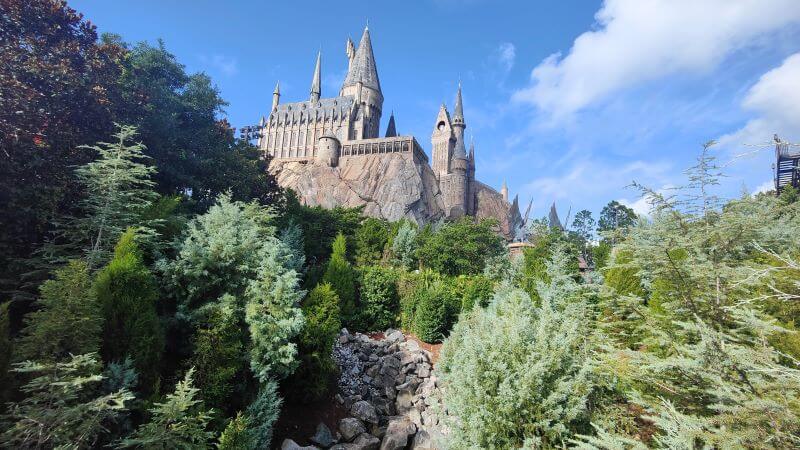 Looking up at Hogwarts from the queue lines and gardens