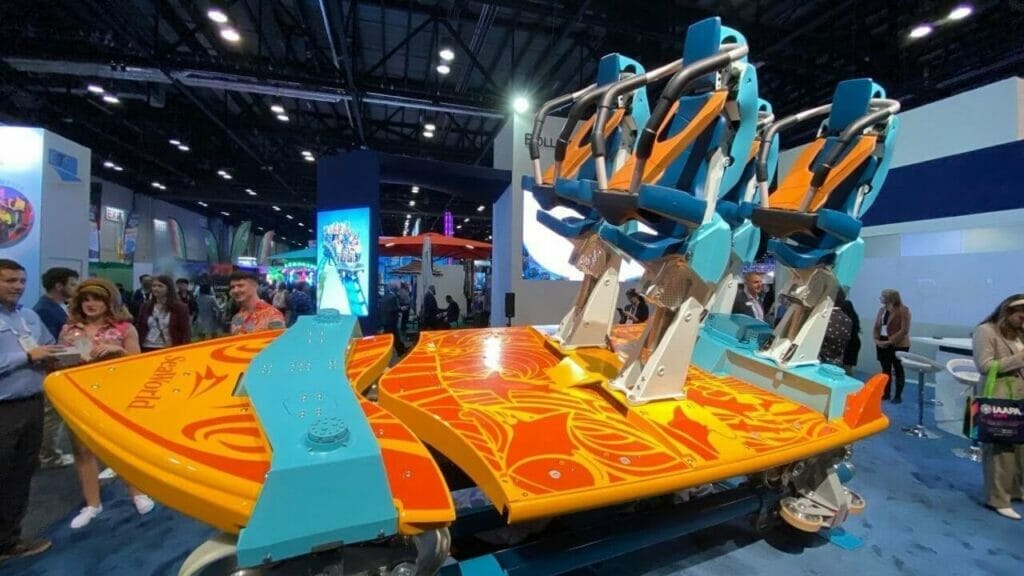 Side on shot of the new orange and teal surfboard themed ride car for seaworld's new stand-up roller coaster, 'Pipeline'.