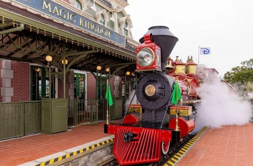 A Disney World Steam Train pulling into Main Street Station