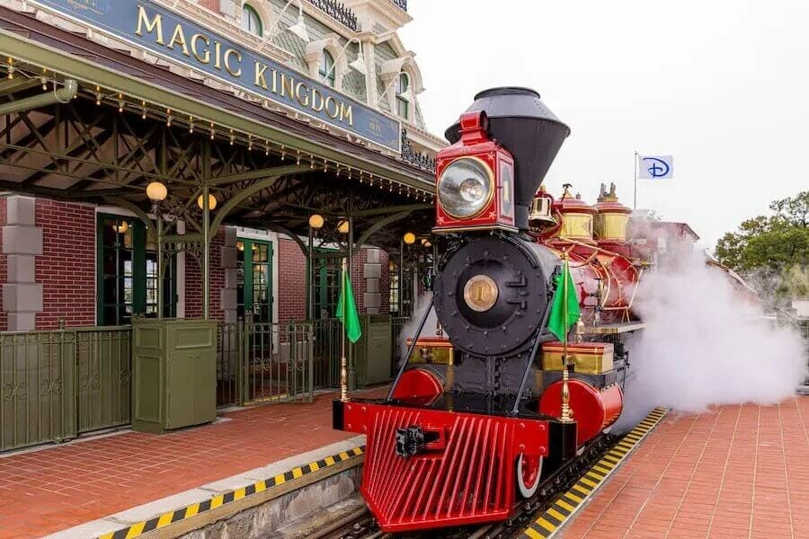 A Disney World Steam Train pulling into Main Street Station