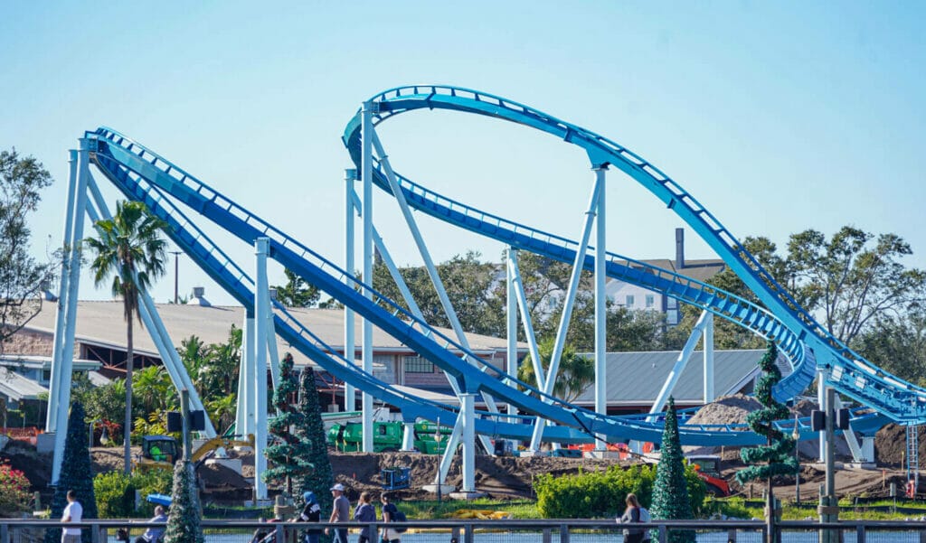 Two of the tight turns at the far end of Pipeline The Surf Coaster opening at Seaworld Orlando in Spring 2023
