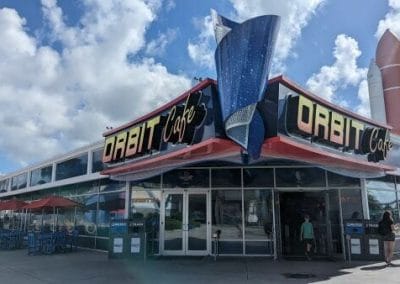 The Orbit Cafe is the main food court in Kennedy Space Center's Visitors Complex but there are other places to eat throughout the day