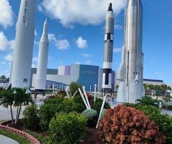 Looking out over the rocket garden towards the new Gateway A Deep Space Launch Complex