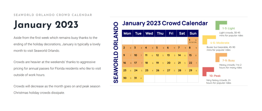 Screenshot of Seaworld's January 2023 crowd calendar. 