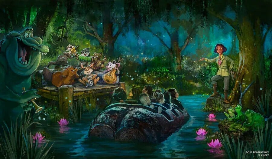 Concept art showing the first scene in Tiana's Bayou Adventure shwoing fireflys lighting up the sky