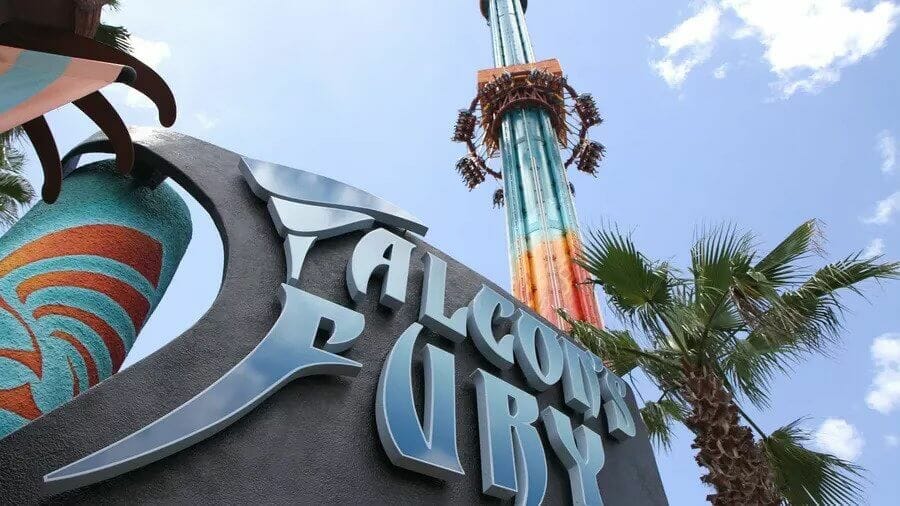 Looking up at the 335-foot tall Falcon's Fury Drop Tower