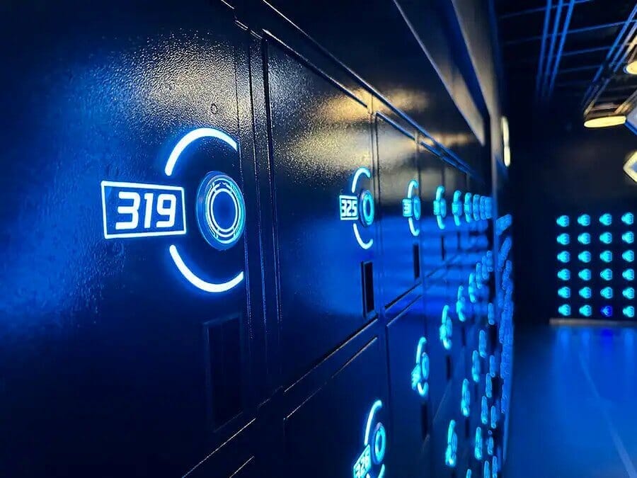 Lockers in Tron have a decidedly Tron aesthetic with deep blue neon LED lighs around teh locker numbers on doors.