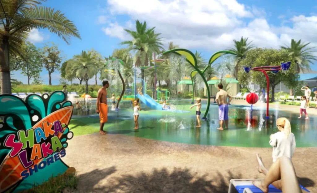 Artist concept of Shaka Laka Shores with family playing in the zero-depth play area