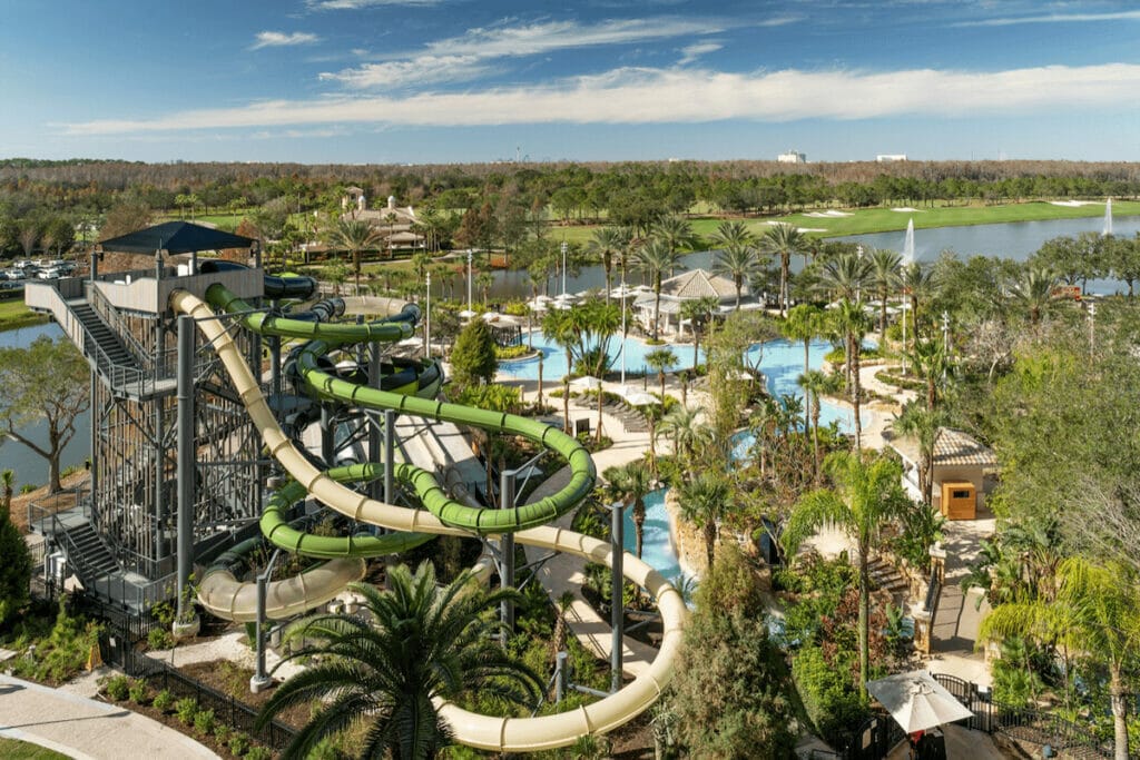 Looking out over Grand Lakes Resorts 3 storey water slide tower and lazy river