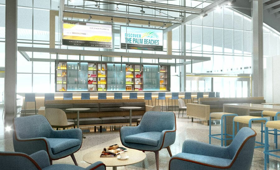 Looking across the empty Mary Mary bar inside Brightlines towering 3 storey Orlando International Airport terminal.