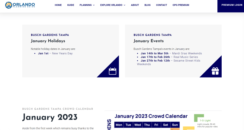 Screenshot showing January's keys dates in my Busch Gardens Tampa crowd calendar