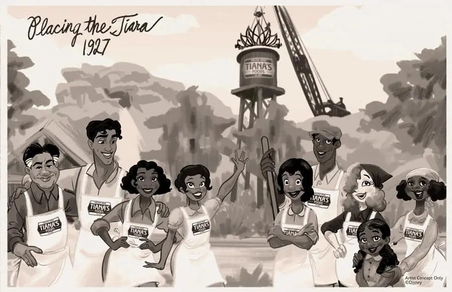 Sepia artist concept showing Tiana and her family while construction of Taina's Tower is going on in the background.