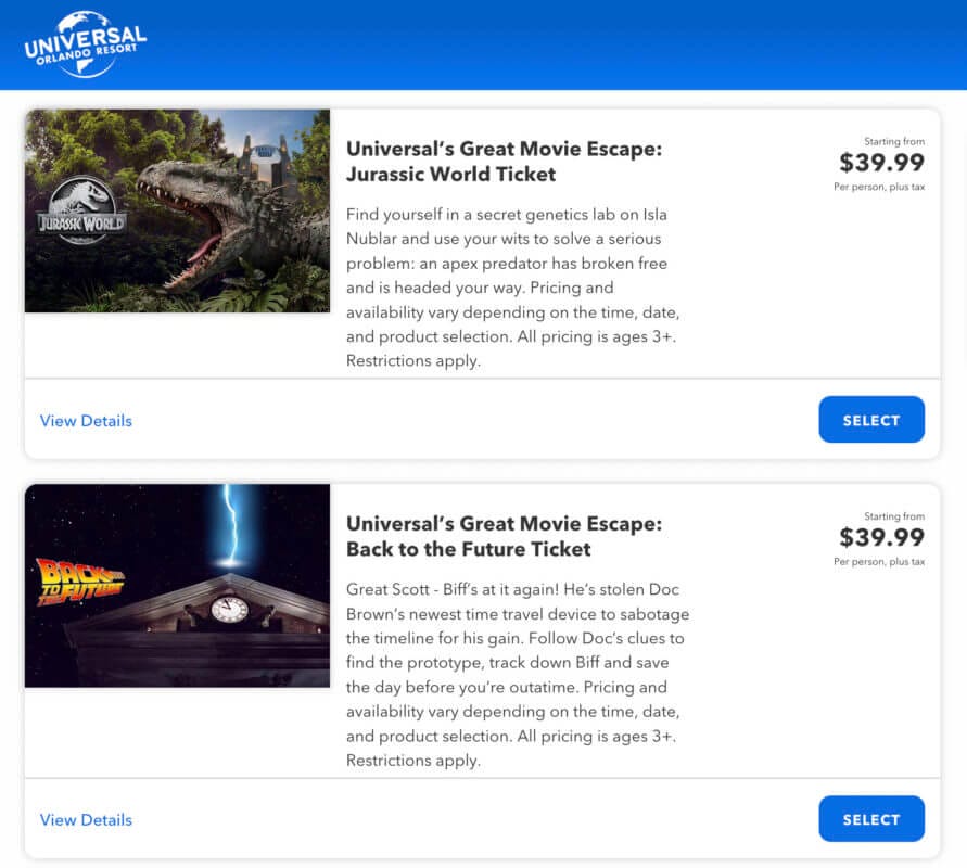 Screenshot showing both Universal Great Escape Room experiences priced at $39.99