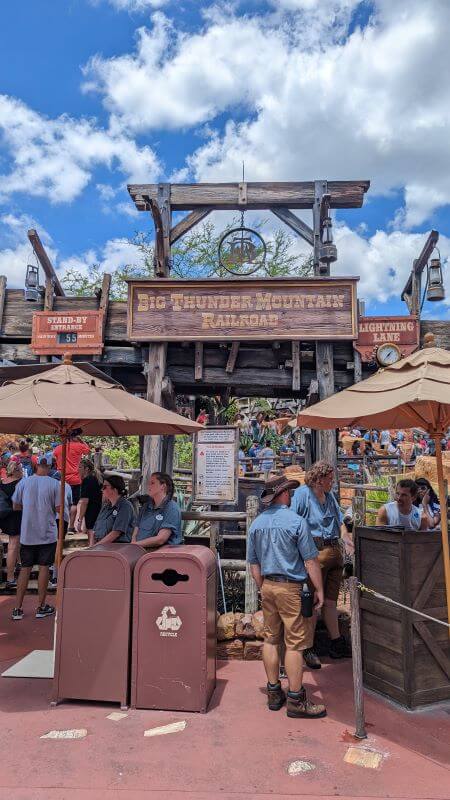 Crowds waiting in line for Big Thunder Mountain. My Magic Kingdom crowd calendar will help you pinpoint especially busy days to avoid if you can.