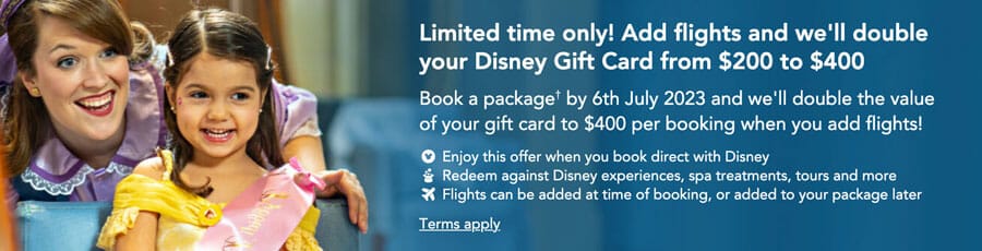 Screenshot explaing 2024's early booking gift card offer, one of the most generous Disney has offered.