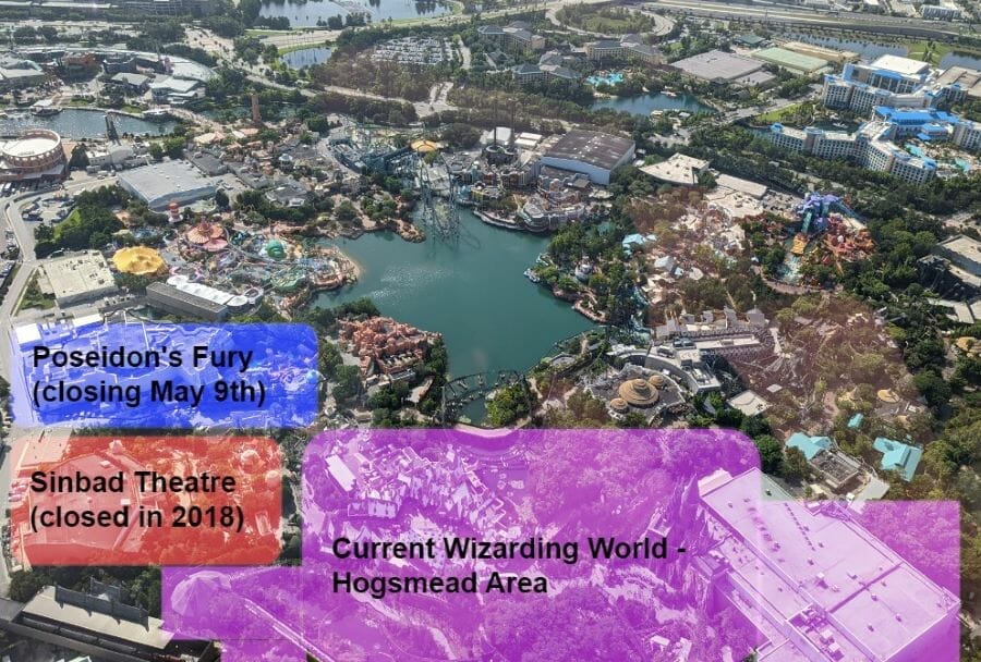 Aeriel view of Islands Of Adventure from July 2022 shoing current Wizarding World area highlighted in Purple plus 2 possible expansion areas