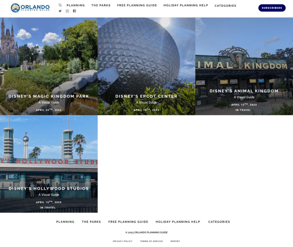 Screenshot showing Disney World's 4 theme parks visual guides.