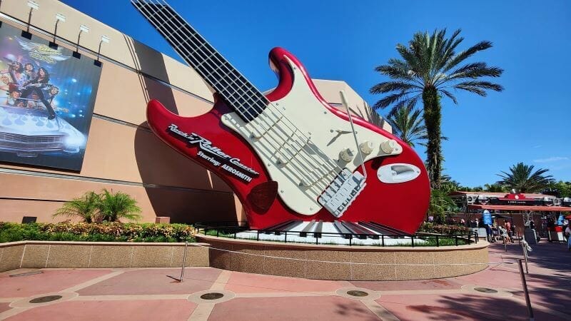Rock 'N Roller COaster marquee guitar outside the attraction in 2022
