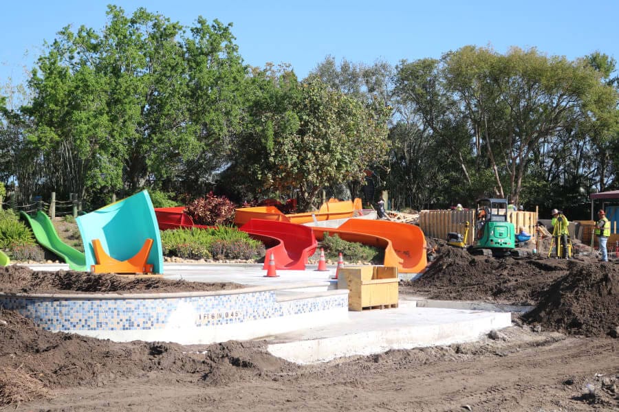Construction on teh new kids area of Turi's Kid Cove in March with new slides installed