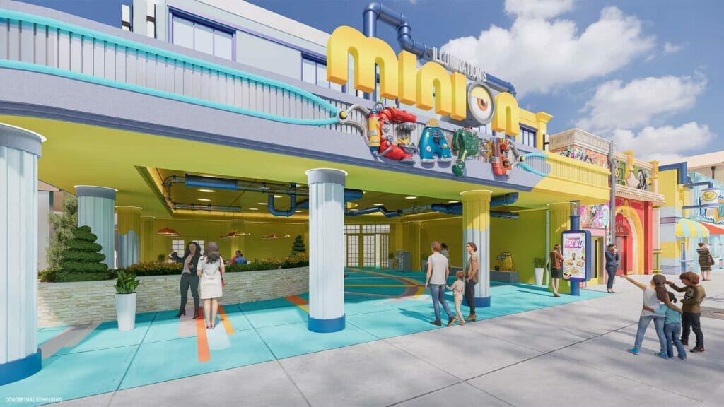 Artist concept of the playful Illumination's Cafe entrance in bold blue and yellow colours