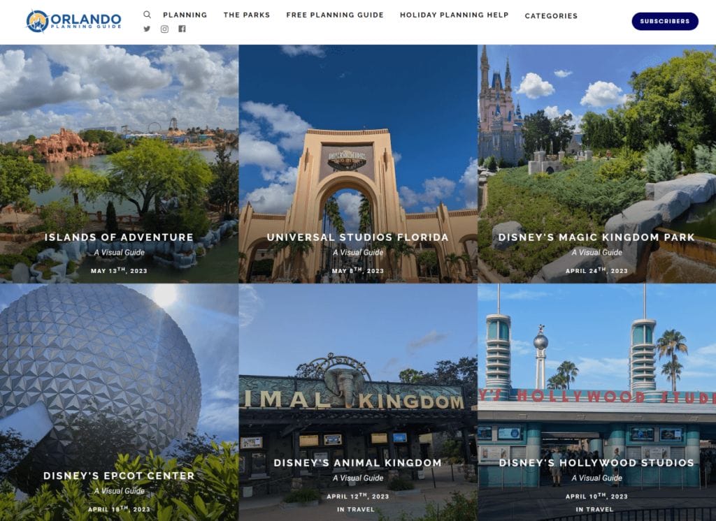 A screenshot of the Orlando Planning Guide Exposure channel showing visual guides for all the main Disney World and Universal Orlando theme parks.