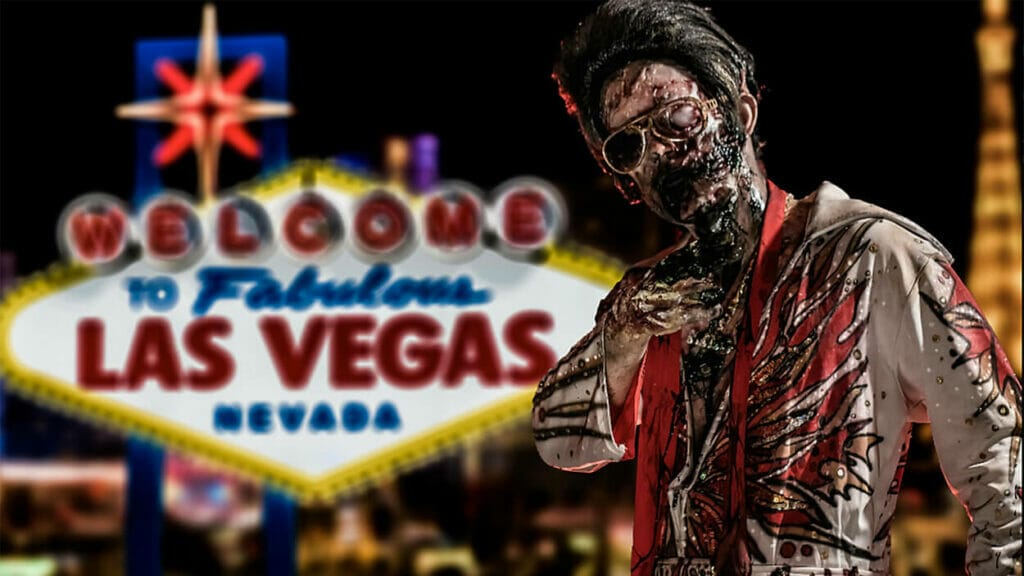 A zombie standing in front of the famous Welcome To Las Vegas Sign promoting the new scare zone.