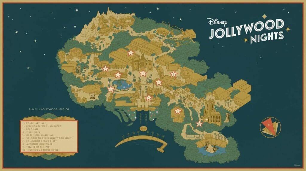 Stylised map showing the meet and greet locations and attractions open in Jollywood Nights