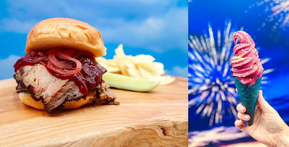 A split photo showing new limited time food and treats available at Legoland Florida with a backdrop of fireworks.
