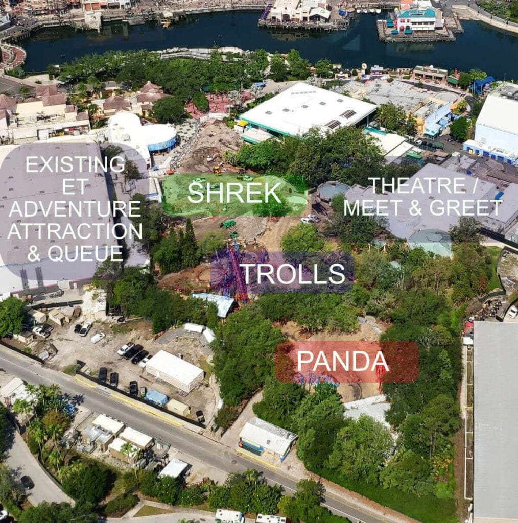 Areil view of the Dreamworks Construction site on my visit in July 2023 when it was just dirt with the Nuthouse coaster and part of the Curious George water play area still standing surrounded by earth.