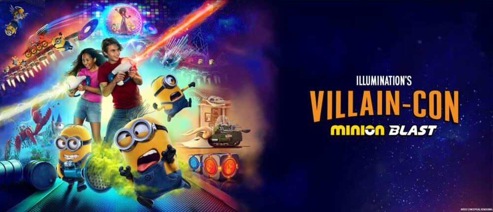 Illumination's Villain-Con Minion Blast promotional image showing lasers firing in al directions as the Minions flee