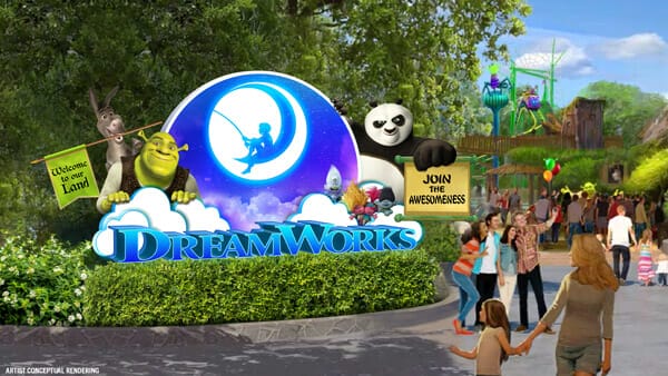 Artist rendering showing the new entrance to Dreamworks Land that will be replacing Woody Woodpecker's KidZone at Universal Studios Florida in 2024.